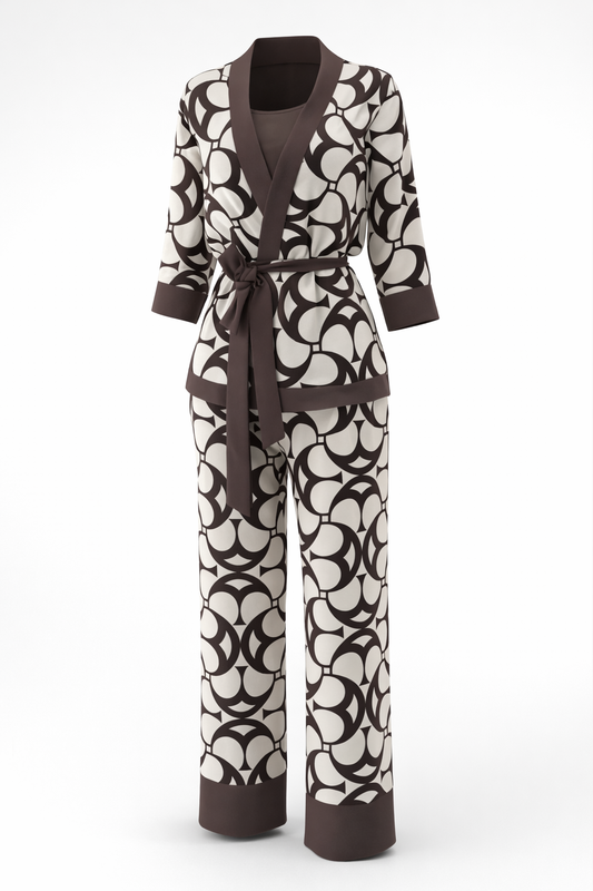 Patterned pajama set with a robe on a white background
