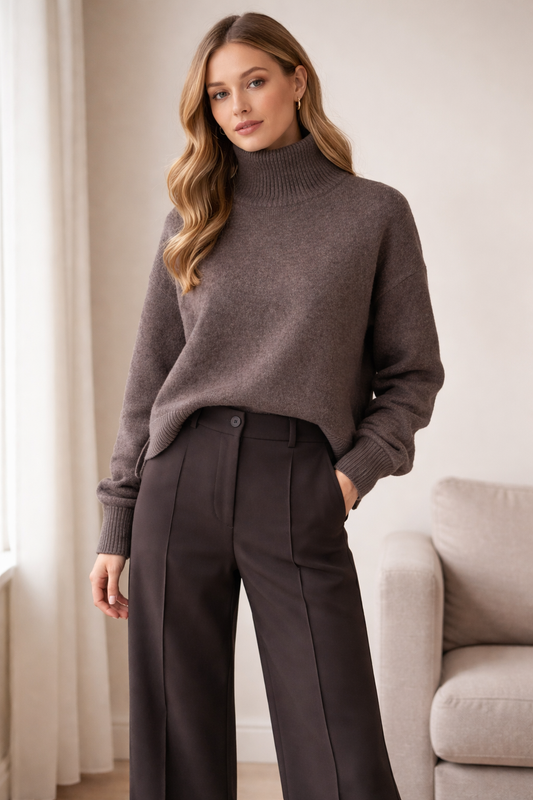 100% švelnios vilnos megztinis su skeltukais, rudas