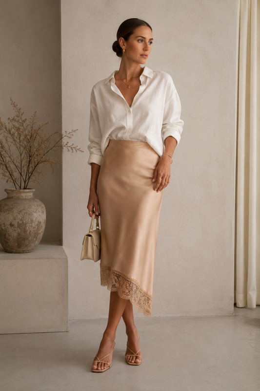 Woman wearing a white blouse and beige skirt in a minimalistic setting