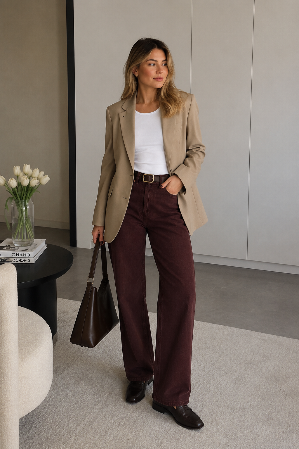 Woman in a beige blazer and burgundy pants standing in a modern room.