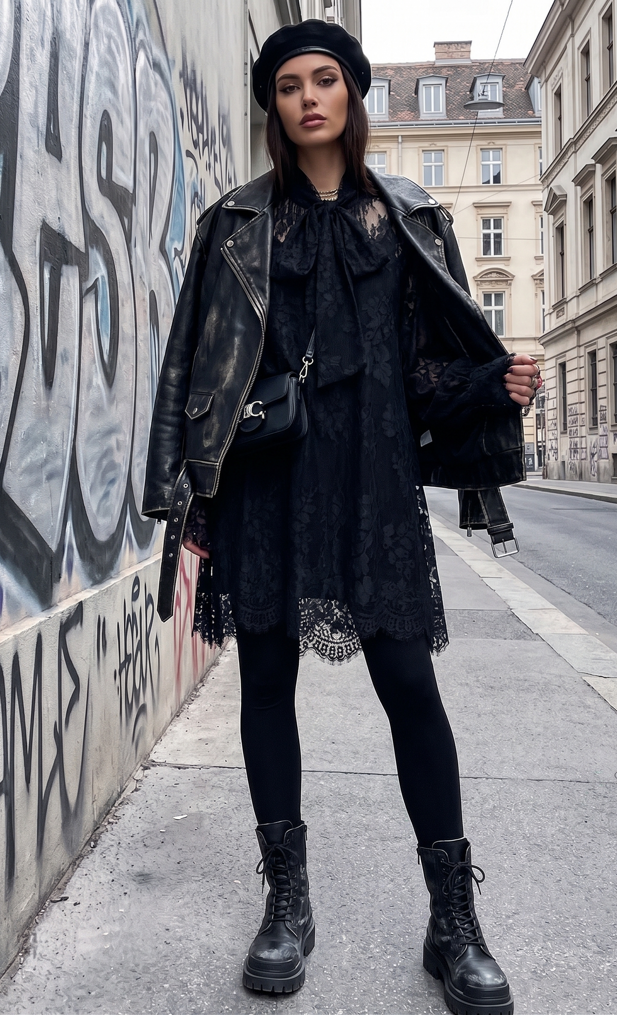 Woman in all-black outfit with leather jacket and boots standing against a graffiti-covered wall.