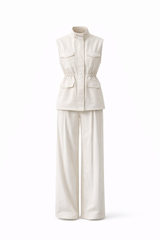 White sleeveless top and wide-leg pants set on a white background