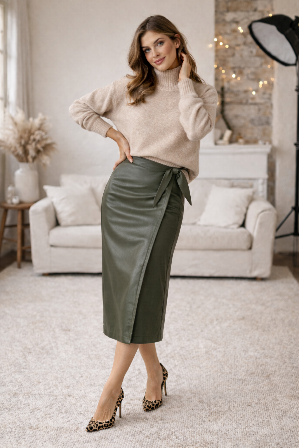 MErgina su zaliu odiniu sijonu ir vilnoniu megztiniu