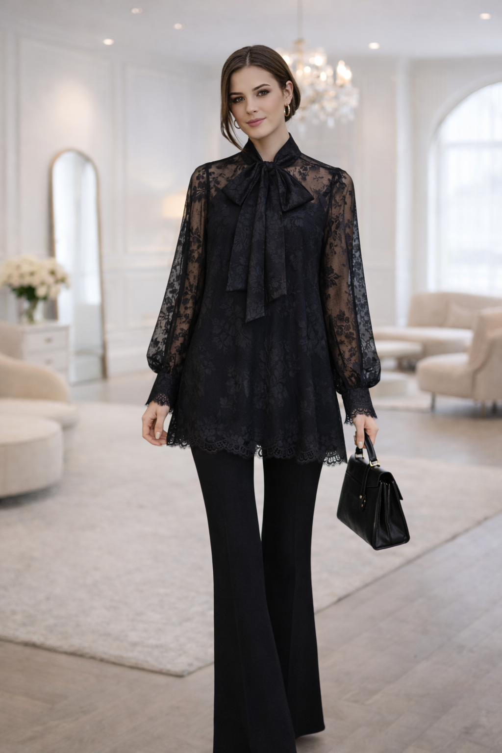 Trumpa nėriniu suknele su kelnėmis