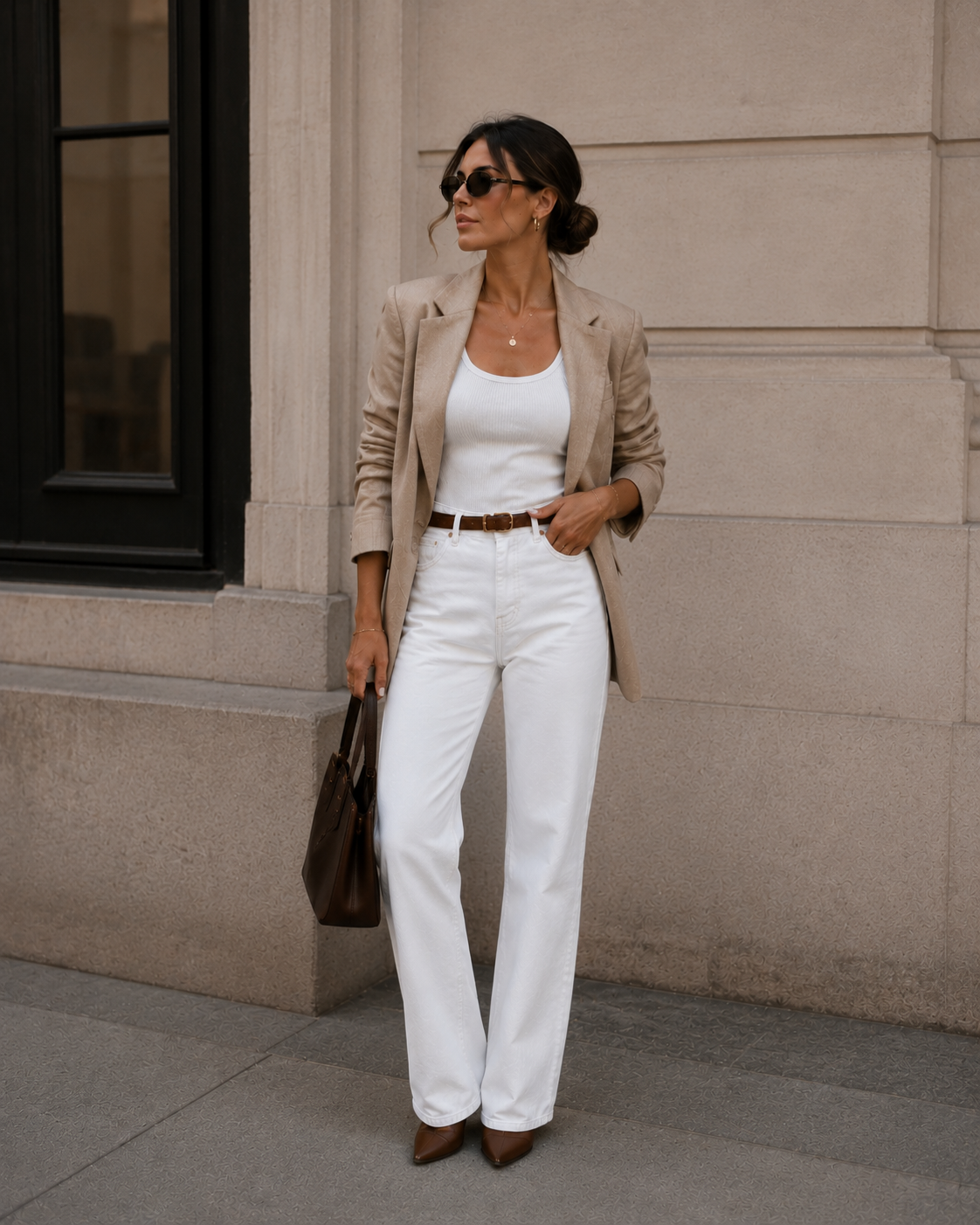 Woman in beige blazer, white top, and white pants standing against a building.