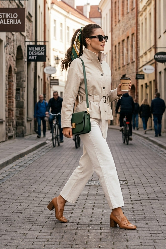 Woman in a beige coat and white pants walking down a street, holding a coffee cup.