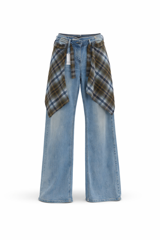 Blue jeans with plaid patchwork on a white background
