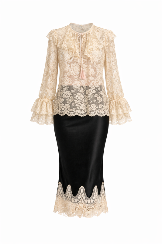 Lace top and black skirt set on a white background