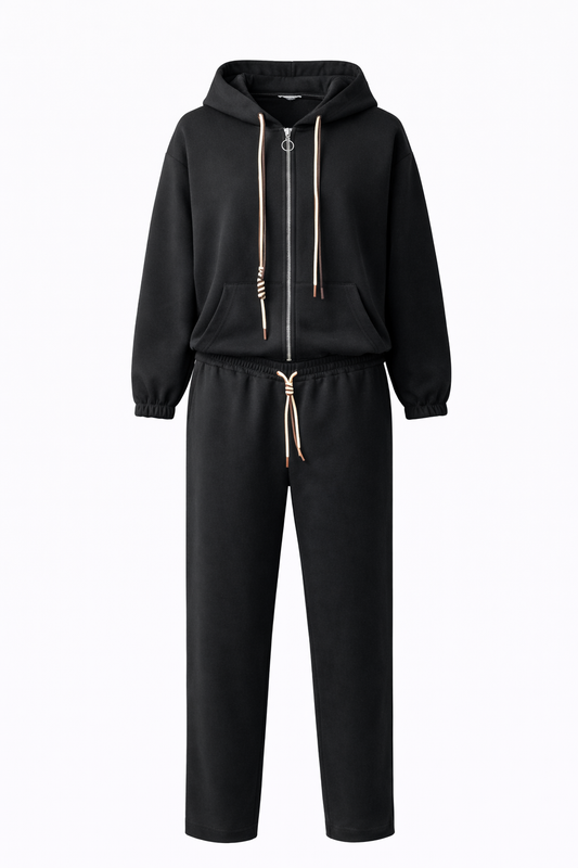 Black hoodie and pants set on a white background