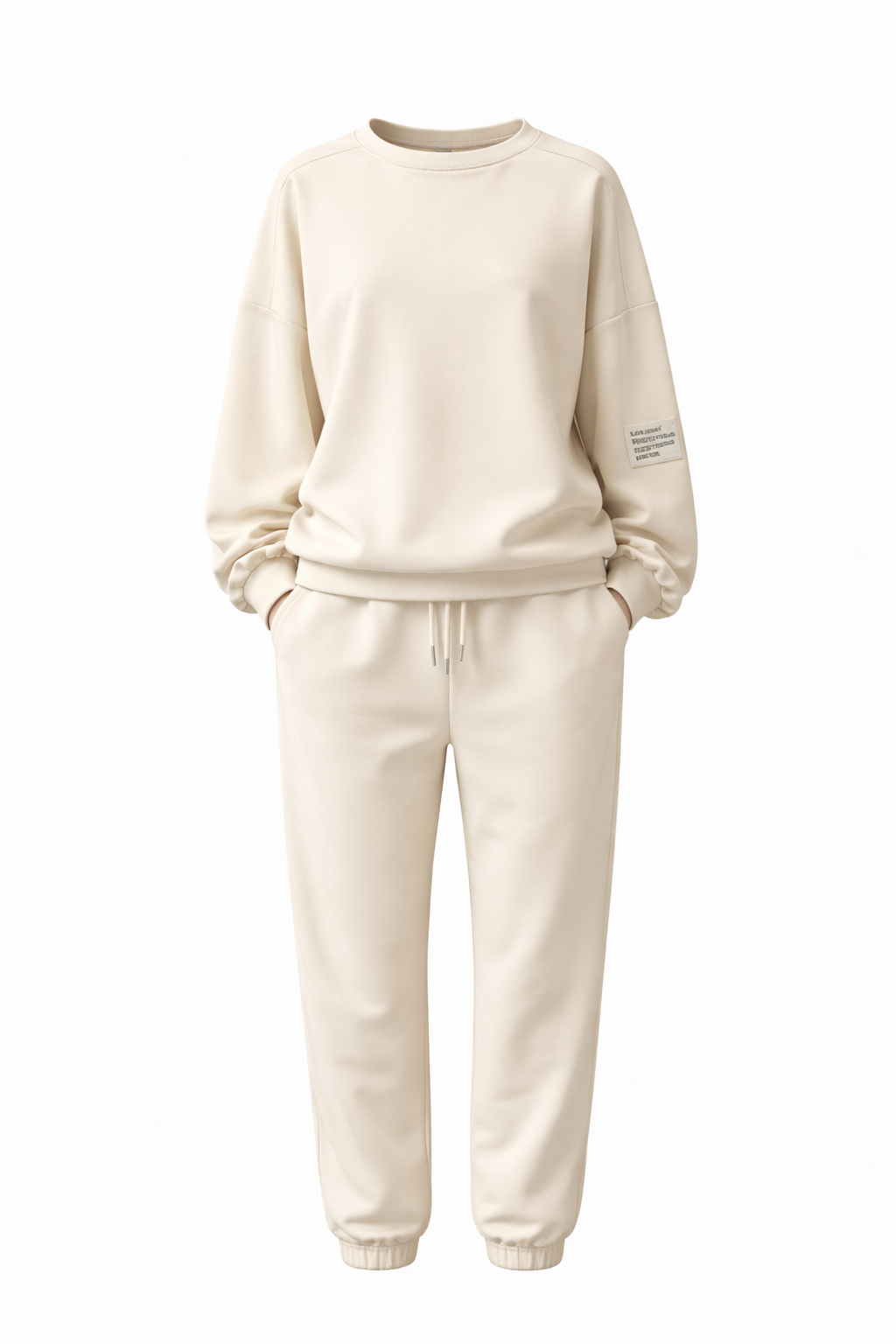Beige sweatshirt and pants set on a white background