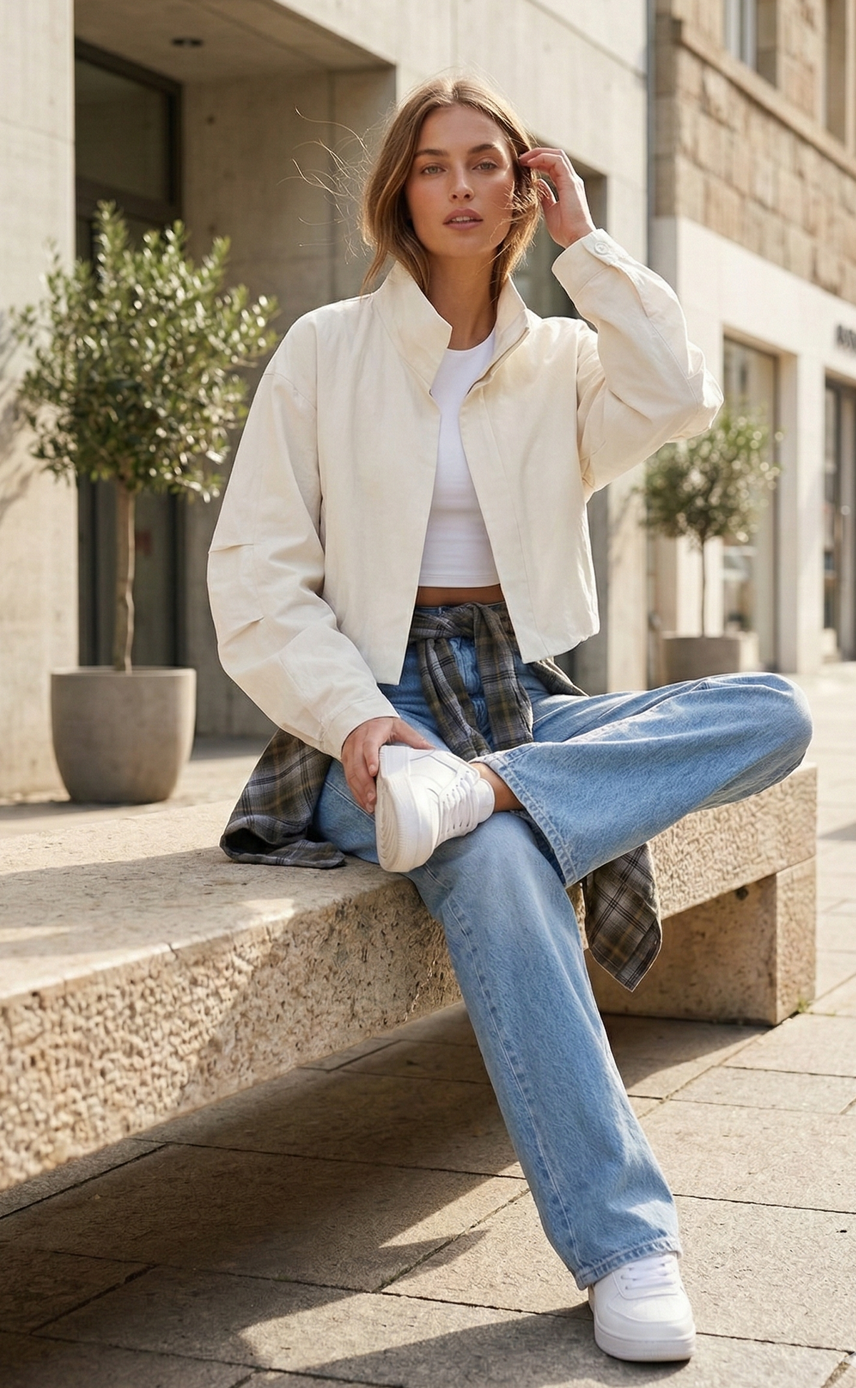 Woman sitting on a stone bench wearing a white jacket, white shirt, plaid skirt, and blue jeans.