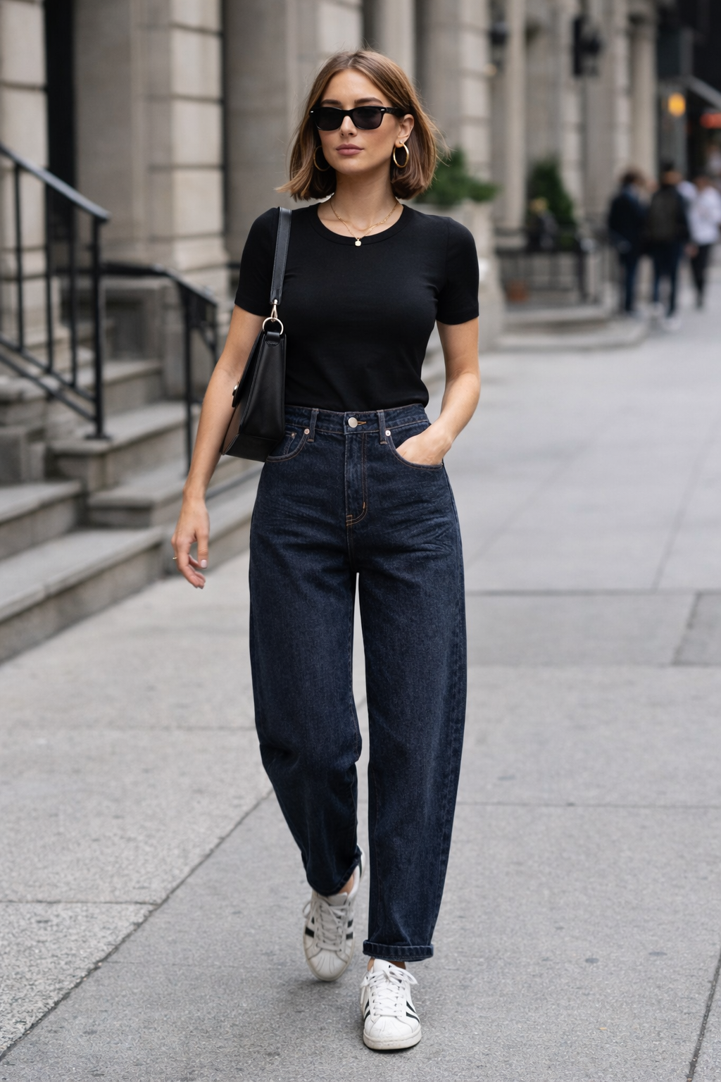 mergina su mom fit dzinsais mieste