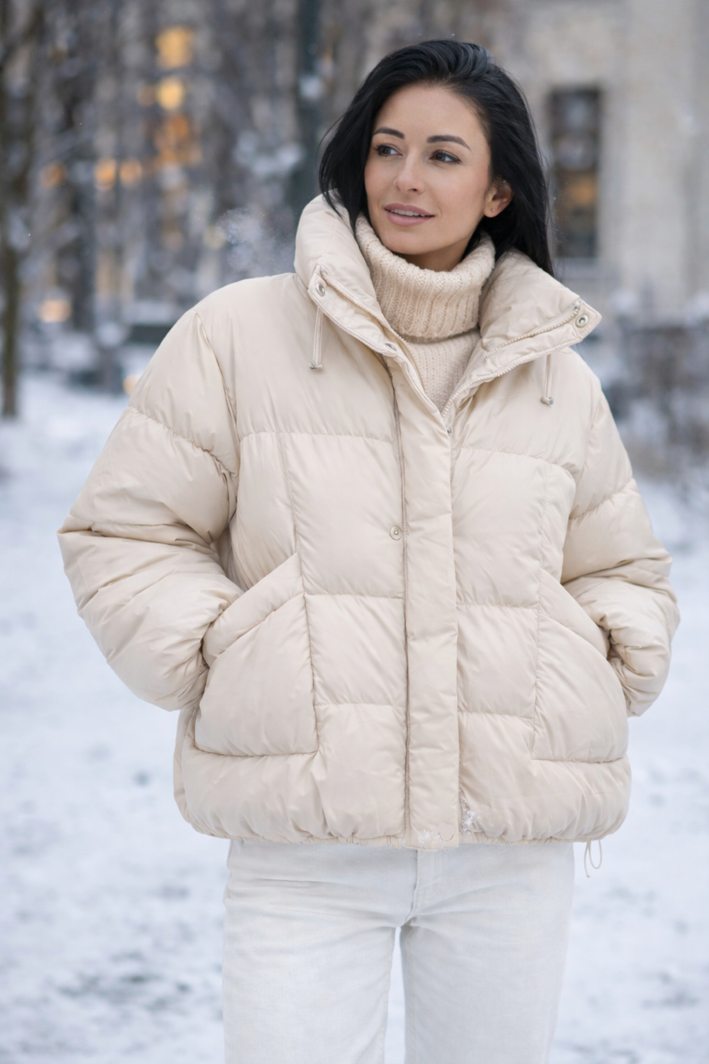 Woman wearing a beige puffer jacket in a snowy outdoor setting