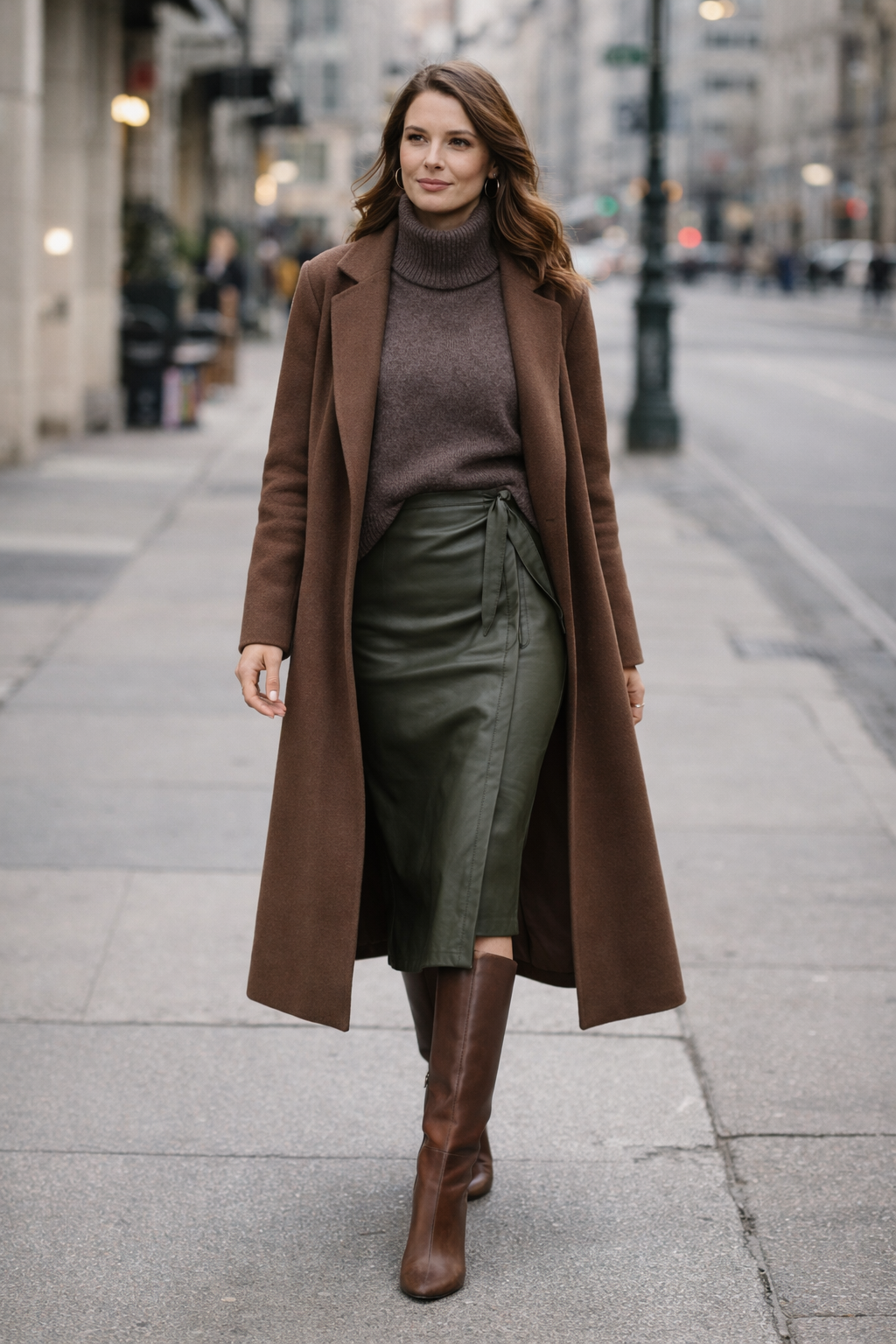 Woman in a brown coat, brown turtleneck, green skirt, and brown boots walking on a city street.