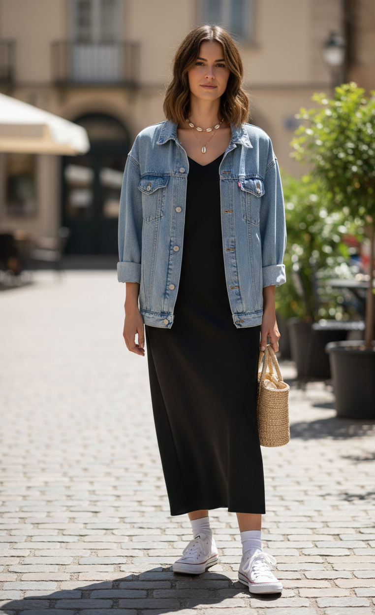 Woman in a black dress and denim jacket standing on a street with plants and buildings in the background.