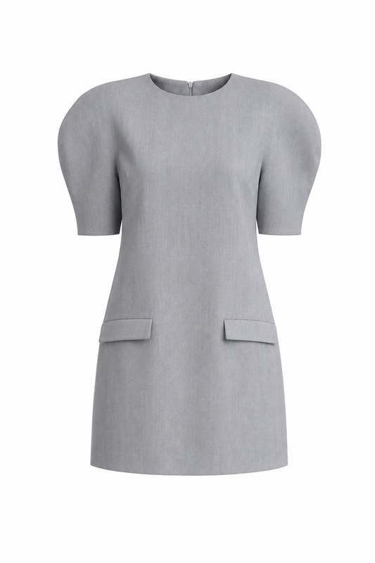 Gray dress with short sleeves and two front pockets on a white background