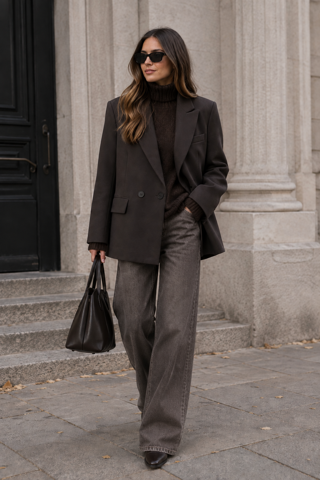 A woman wearing a dark brown double-breasted blazer, dark brown turtleneck sweater, and wide-leg gray trousers walks outdoors on a stone sidewalk carrying a black leather handbag.