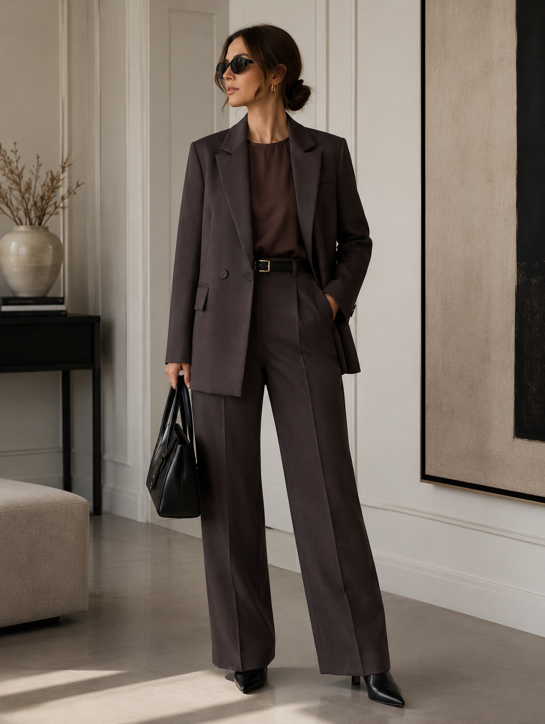 Woman in a brown suit standing in a room with a neutral color palette.