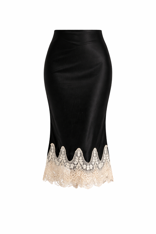 Black pencil skirt with lace trim on a white background