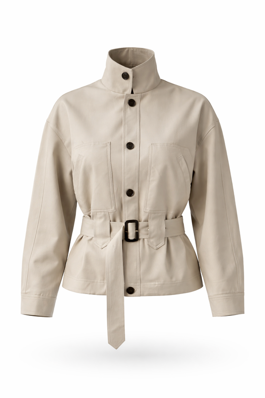 Beige jacket with a belt on a white background
