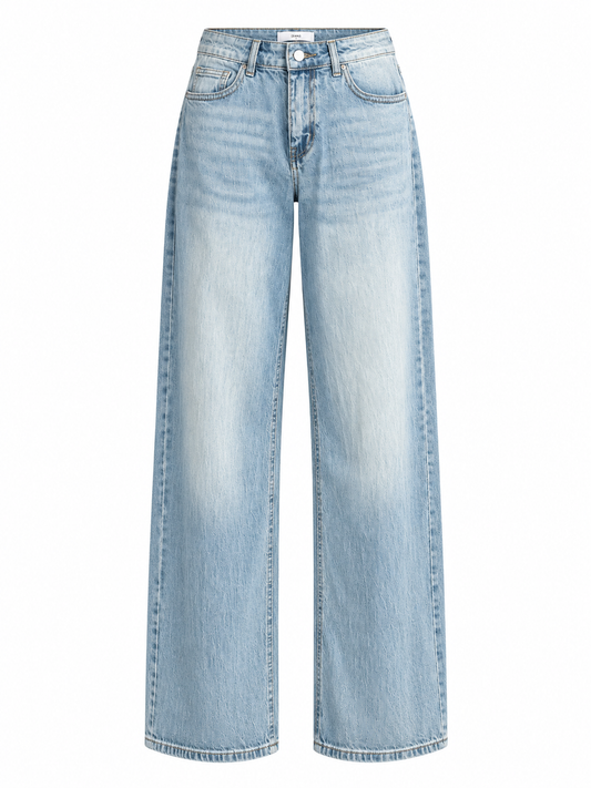Light wash blue wide-leg denim jeans with a high waist and faded detailing, shown against a plain white background.