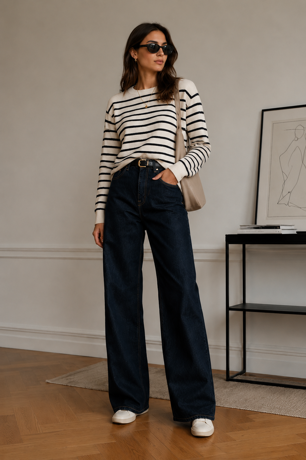 Woman wearing a black and white striped sweater and dark blue jeans in an indoor setting.