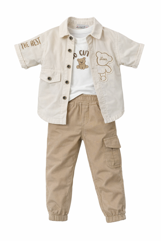 Children's outfit with beige shirt, white t-shirt with teddy bear design, and beige pants on a white background