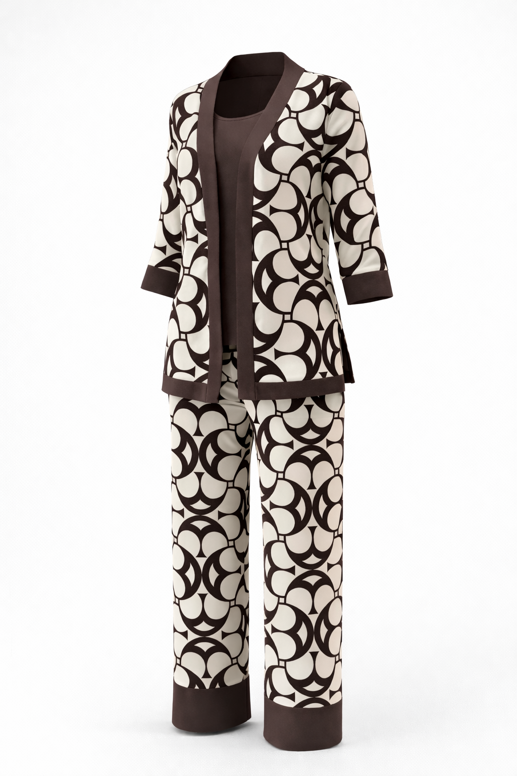 Patterned outfit with jacket and pants on a white background