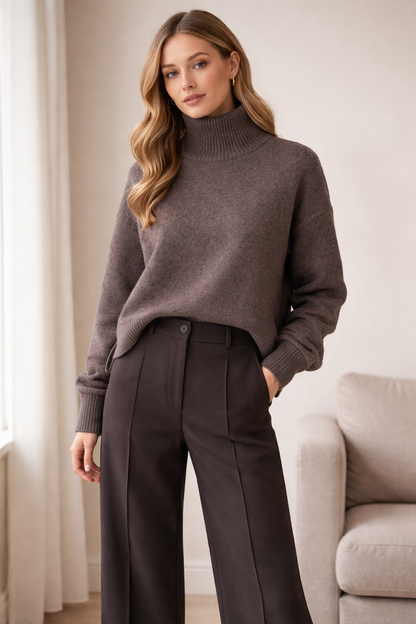 100% švelnios vilnos megztinis su skeltukais, rudas