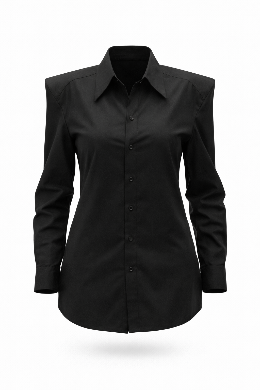 Juodi prailginti marškiniai su išdidintais pečiais ir reguliuojamu liemeniu