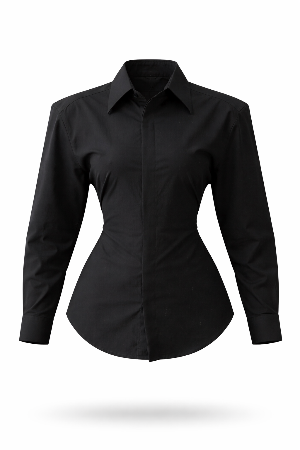 Juodi prailginti marškiniai su išdidintais pečiais ir reguliuojamu liemeniu