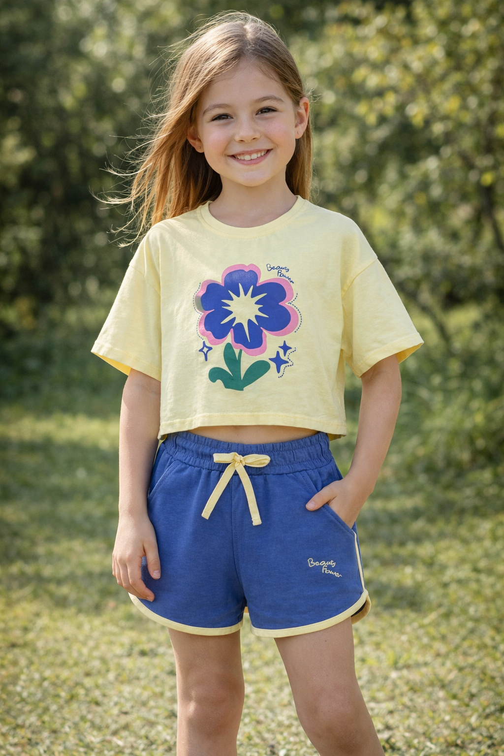 Young girl wearing a yellow crop top with a floral design and blue shorts outdoors.