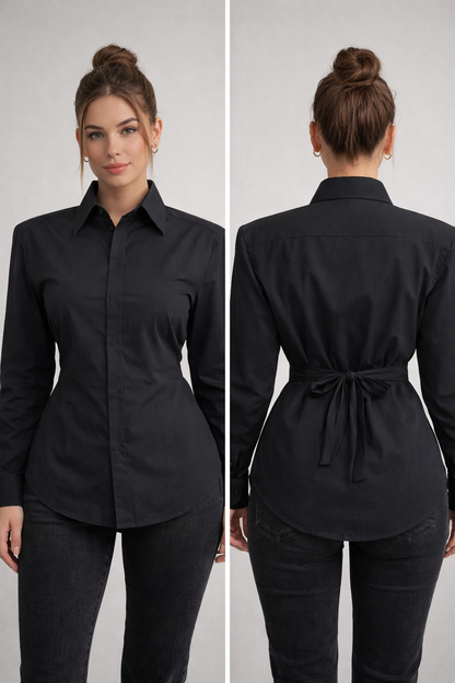 Juodi prailginti marškiniai su išdidintais pečiais ir reguliuojamu liemeniu