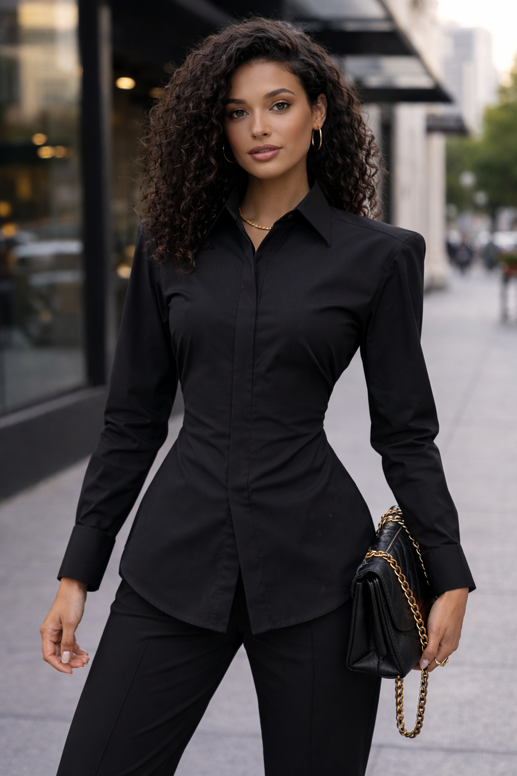 Juodi prailginti marškiniai su išdidintais pečiais ir reguliuojamu liemeniu