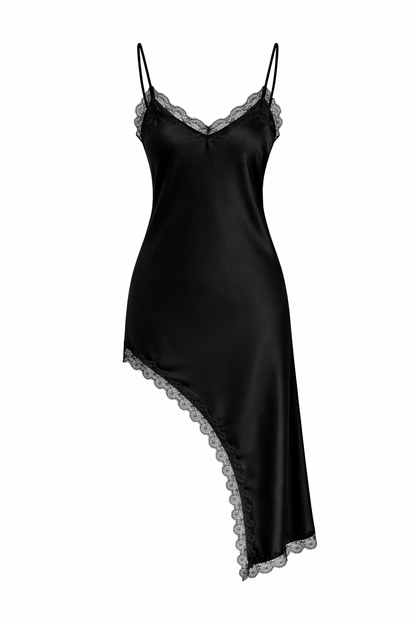 Asimetrinė satino suknelė su nėriniais