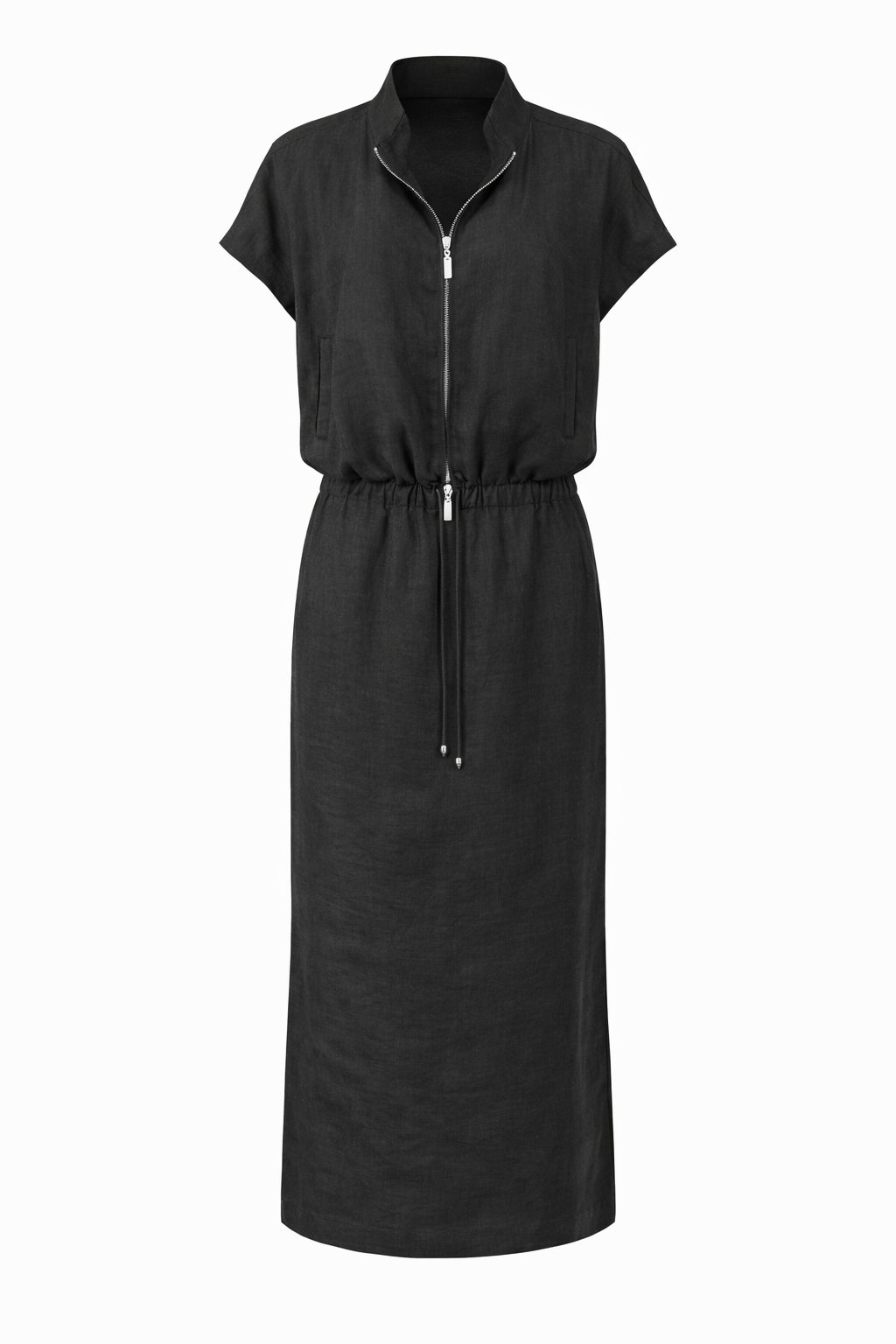 Black sleeveless dress with a zipper on a white background