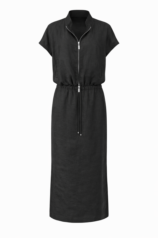 Black sleeveless dress with a zipper on a white background