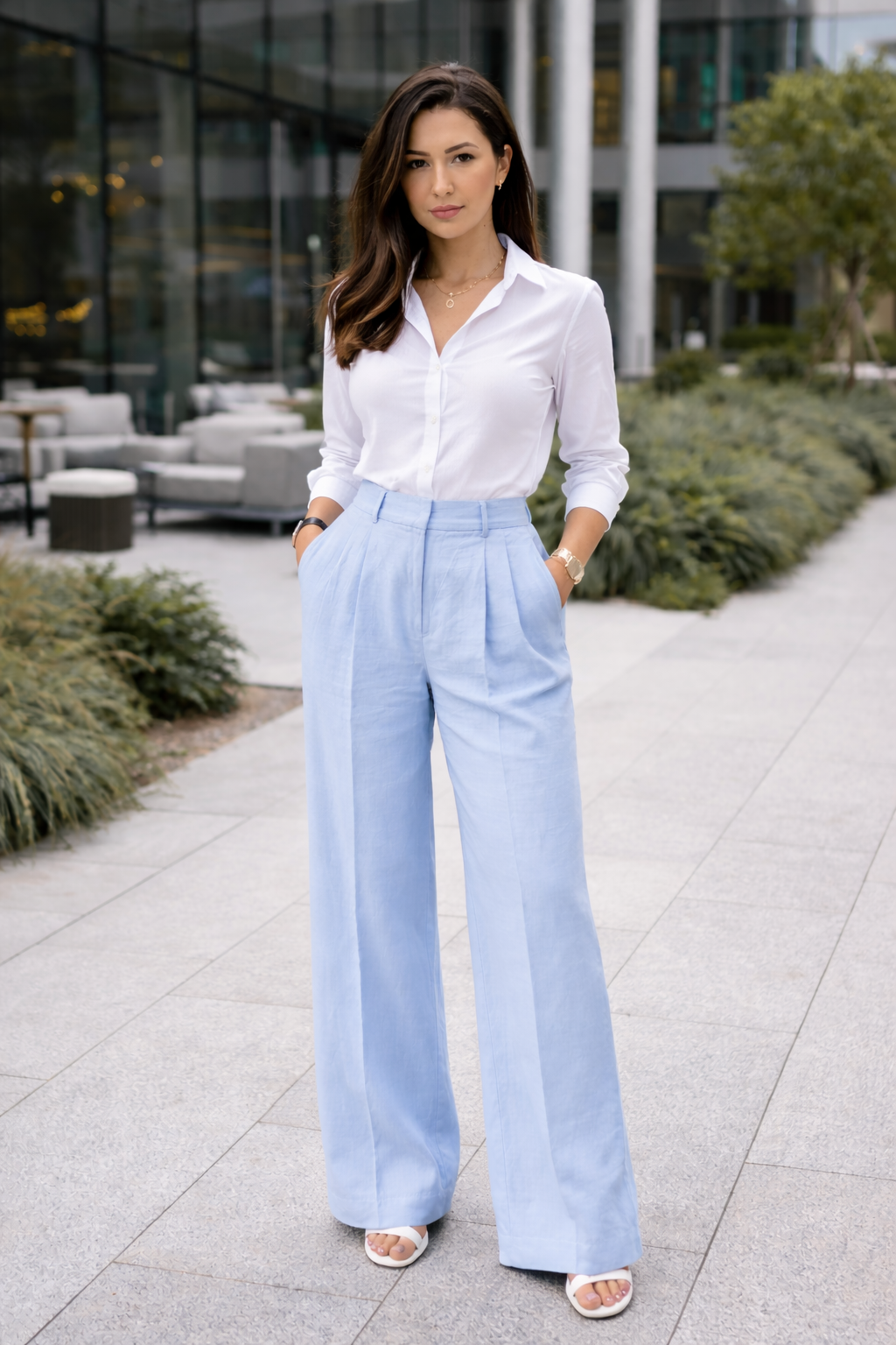 Woman wearing a white shirt and light blue pants standing on a sidewalk.