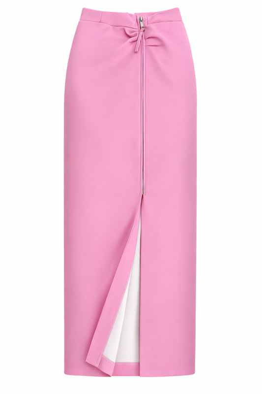 Pink skirt with a front slit on a white background