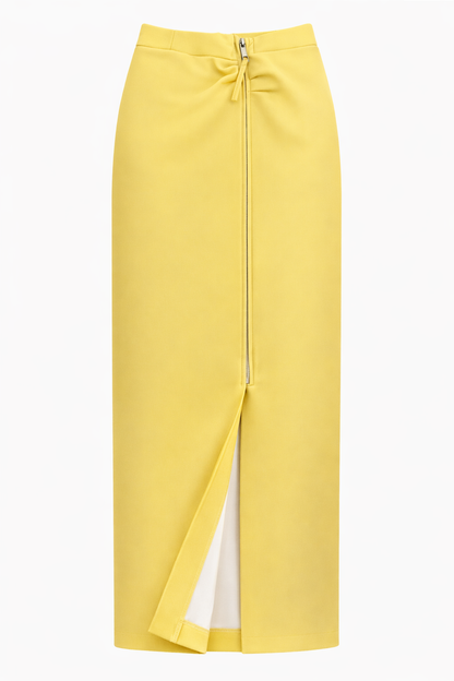 Yellow skirt with a front slit on a white background