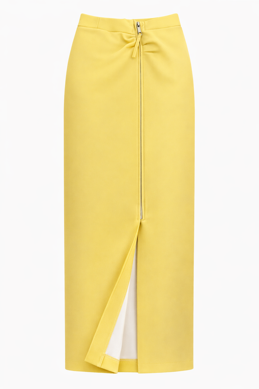 Yellow skirt with a front slit on a white background