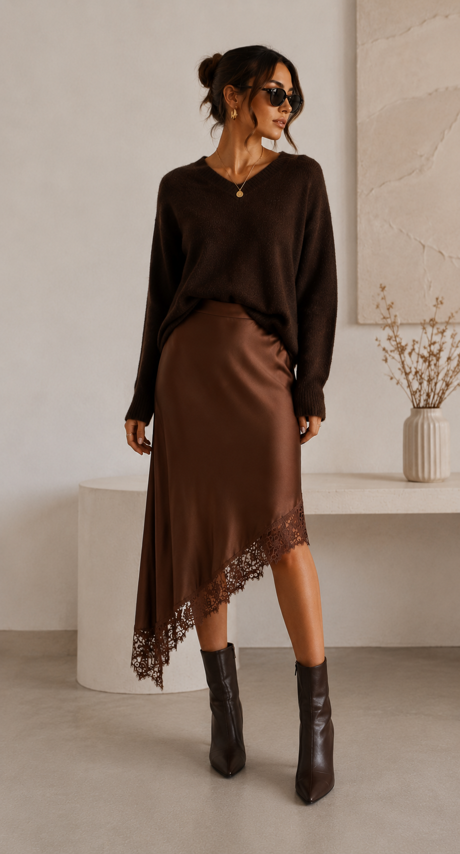 Woman wearing a brown outfit with a skirt and boots in a minimalistic setting.