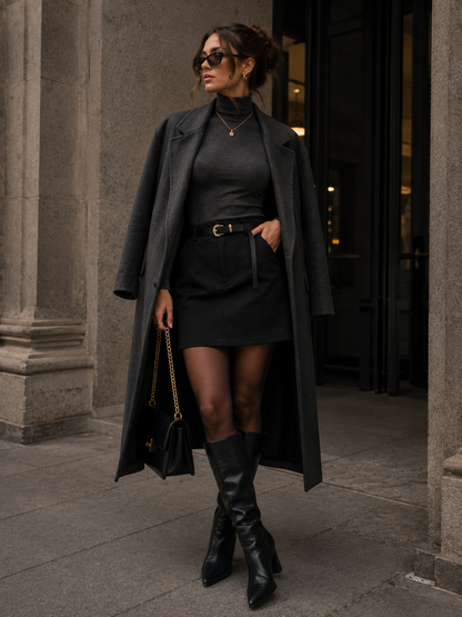 Woman in a black outfit with a long coat standing in an urban setting.
