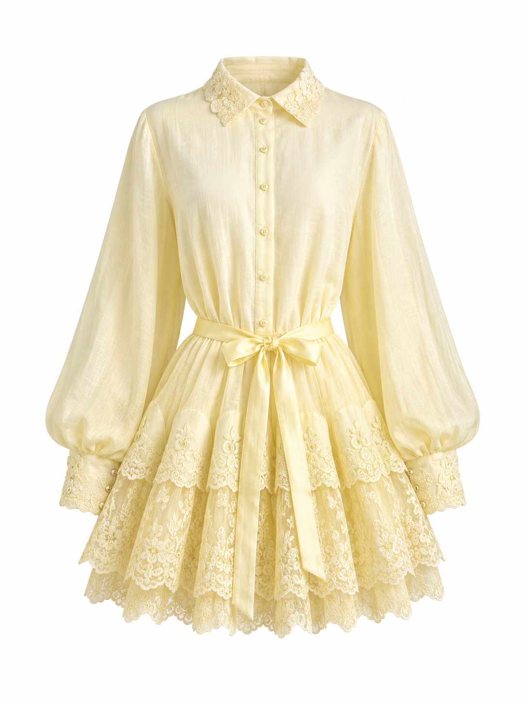 Light yellow dress with lace details on a white background