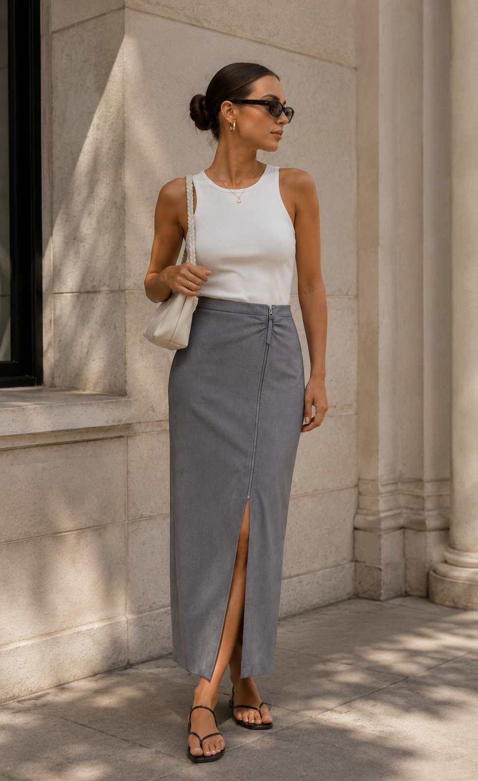 Woman wearing a white sleeveless top and gray skirt standing against a stone building.