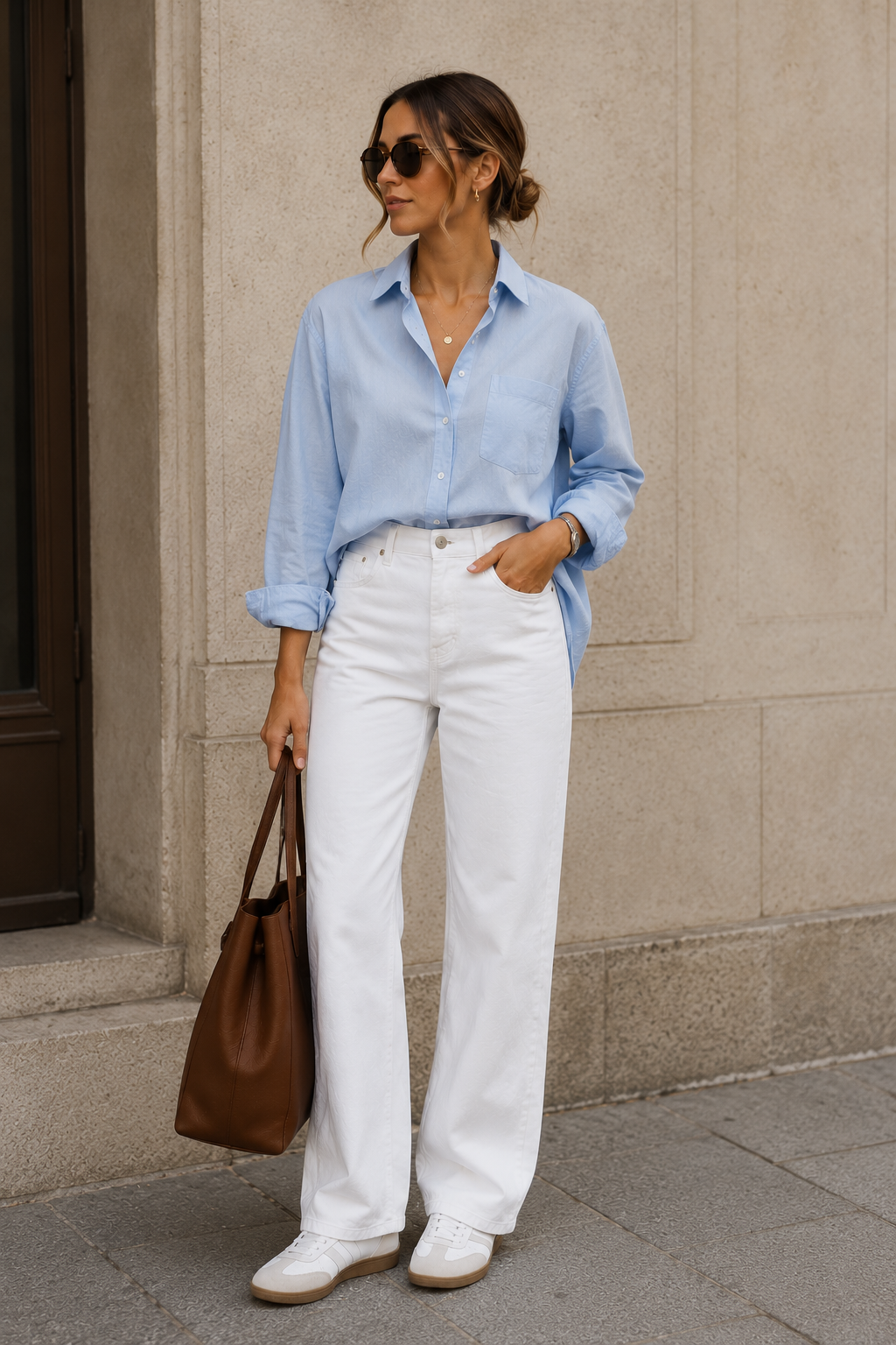 Woman wearing a light blue shirt and white pants, standing against a beige wall.