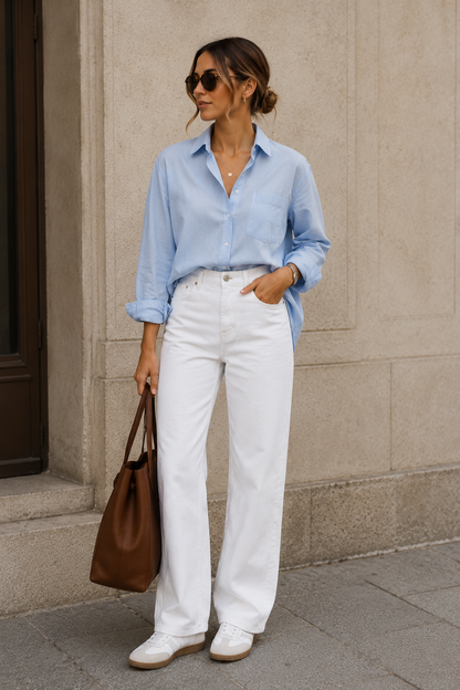 Woman wearing a light blue shirt and white pants, standing against a beige wall.