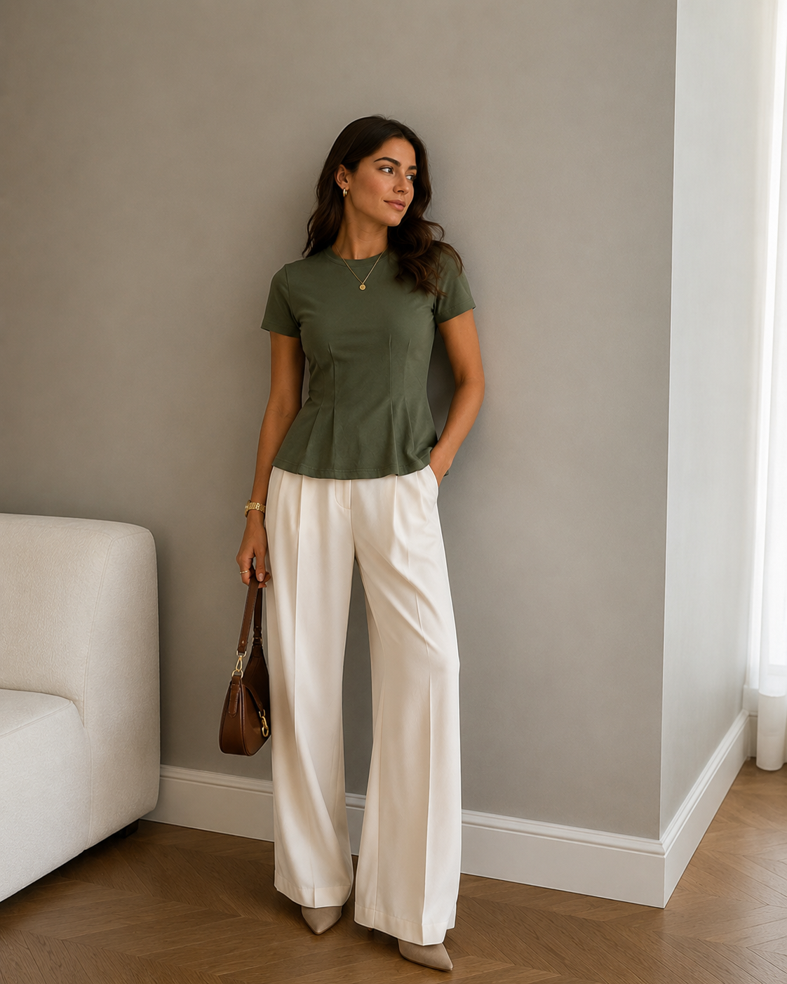 Woman wearing a green top and white pants in a room with a gray wall and white chair.