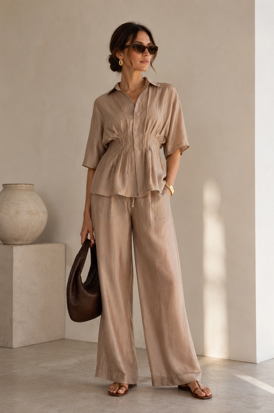 Woman in a beige outfit holding a brown bag indoors.
