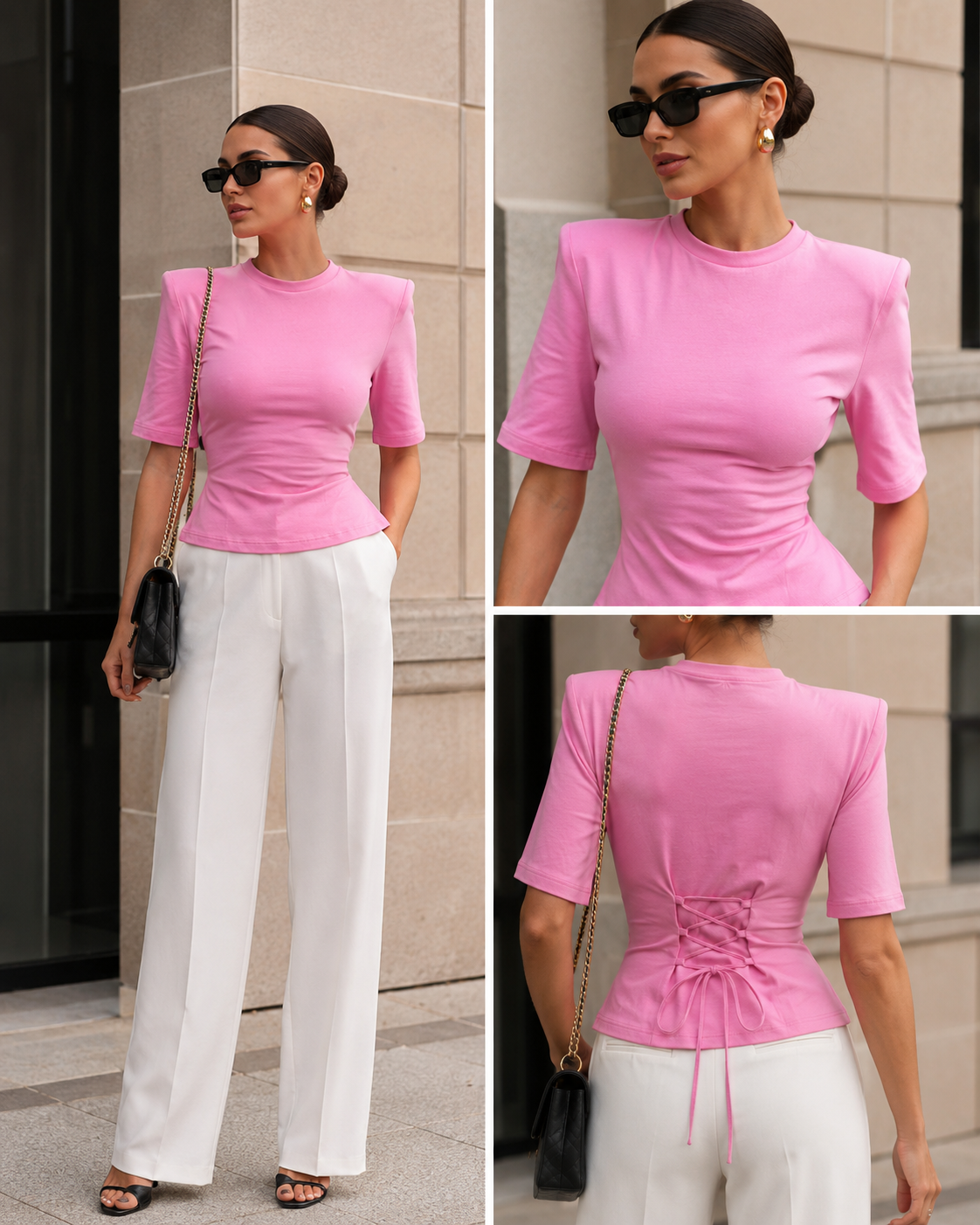 Woman wearing a pink top and white pants, standing against a building.